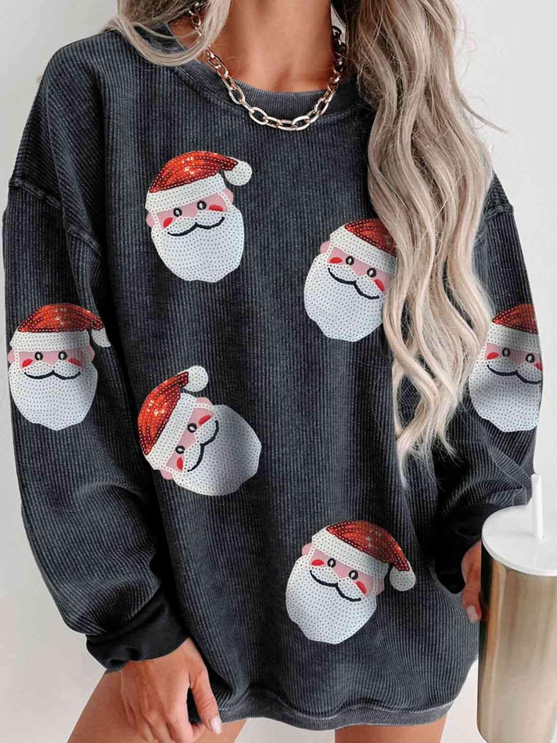 Full Size Sequin Santa Patch Sweatshirt - Olive Ave