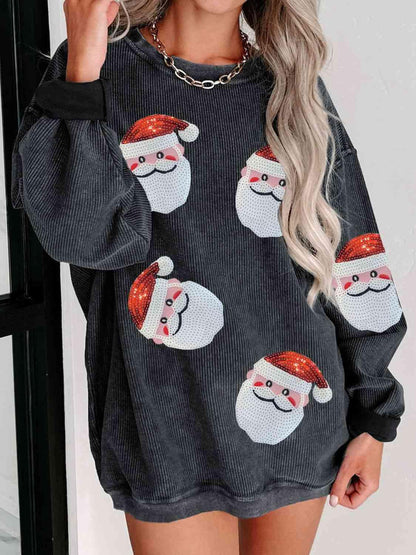 Full Size Sequin Santa Patch Sweatshirt - Olive Ave