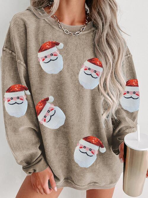 Full Size Sequin Santa Patch Sweatshirt - Olive Ave