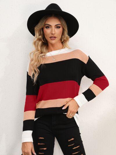 Full Size Striped Dropped Shoulder Sweater in 5 Colors - Olive Ave