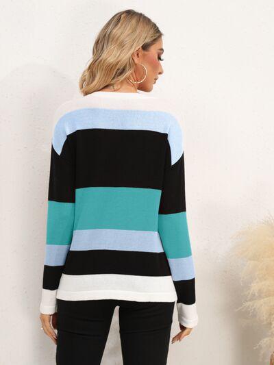 Full Size Striped Dropped Shoulder Sweater in 5 Colors - Olive Ave