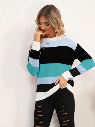 Full Size Striped Dropped Shoulder Sweater in 5 Colors - Olive Ave