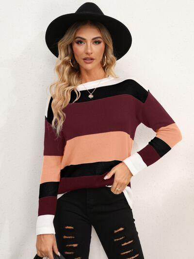 Full Size Striped Dropped Shoulder Sweater in 5 Colors - Olive Ave