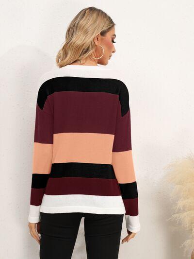 Full Size Striped Dropped Shoulder Sweater in 5 Colors - Olive Ave