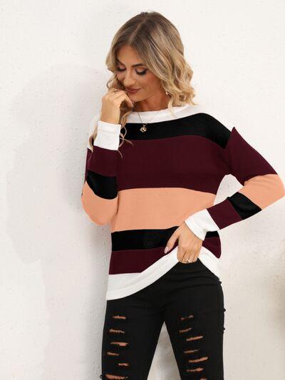 Full Size Striped Dropped Shoulder Sweater in 5 Colors - Olive Ave