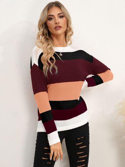 Full Size Striped Dropped Shoulder Sweater in 5 Colors - Olive Ave