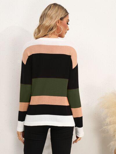 Full Size Striped Dropped Shoulder Sweater in 5 Colors - Olive Ave