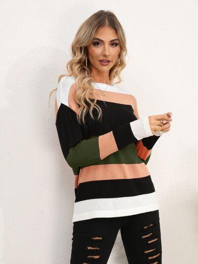 Full Size Striped Dropped Shoulder Sweater in 5 Colors - Olive Ave