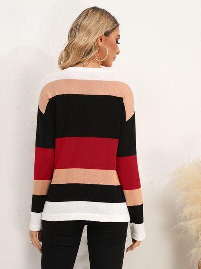 Full Size Striped Dropped Shoulder Sweater in 5 Colors - Olive Ave