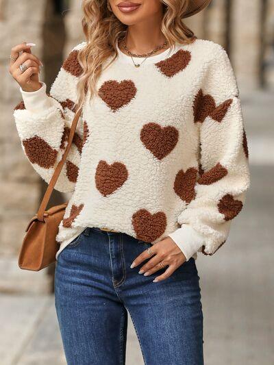 Fuzzy Heart Dropped Shoulder Sweatshirt in 3 Colors - Olive Ave