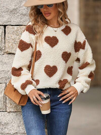 Fuzzy Heart Dropped Shoulder Sweatshirt in 3 Colors - Olive Ave