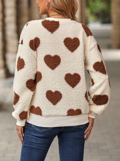 Fuzzy Heart Dropped Shoulder Sweatshirt in 3 Colors - Olive Ave