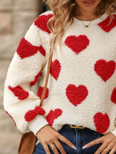 Fuzzy Heart Dropped Shoulder Sweatshirt in 3 Colors - Olive Ave