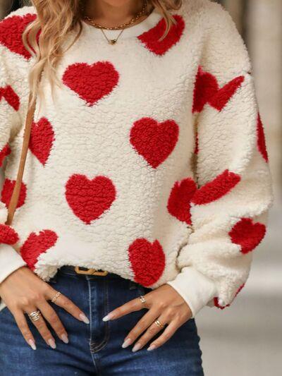 Fuzzy Heart Dropped Shoulder Sweatshirt in 3 Colors - Olive Ave