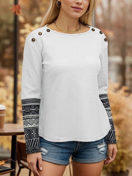 Geometric Waffle-Knit Buttoned T-Shirt - Olive Ave