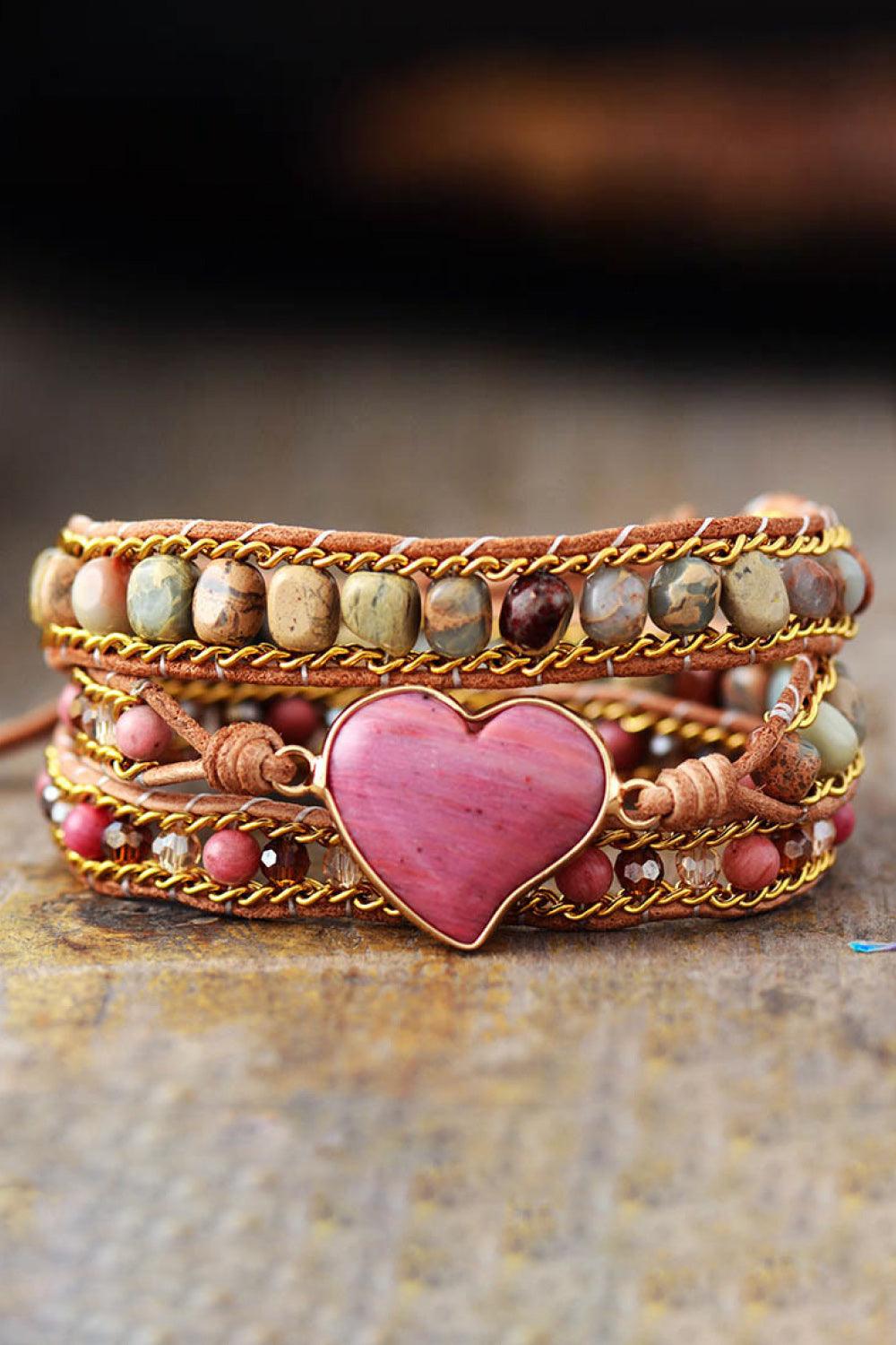 Handmade Heart Shape Triple Layer Beaded Bracelet - Olive Ave