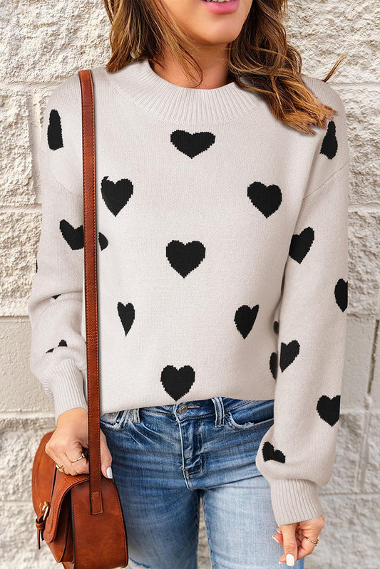 Heart Pattern Drop Shoulder Sweater - Olive Ave