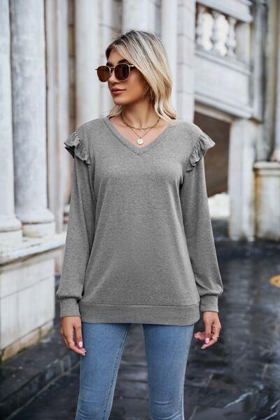 Heathered V-Neck Long Sleeve Top in 6 Colors - Olive Ave