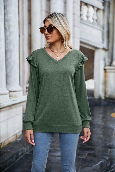 Heathered V-Neck Long Sleeve Top in 6 Colors - Olive Ave