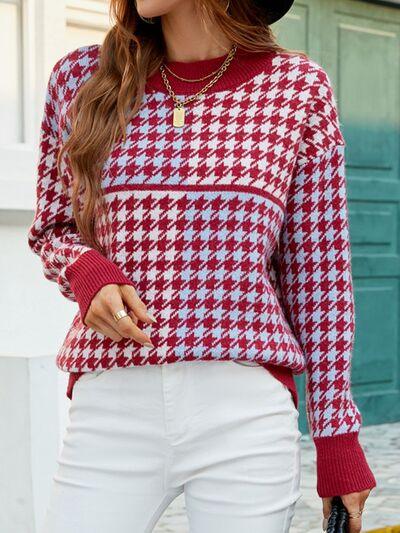 Houndstooth Dropped Shoulder Sweater in Wine - Olive Ave