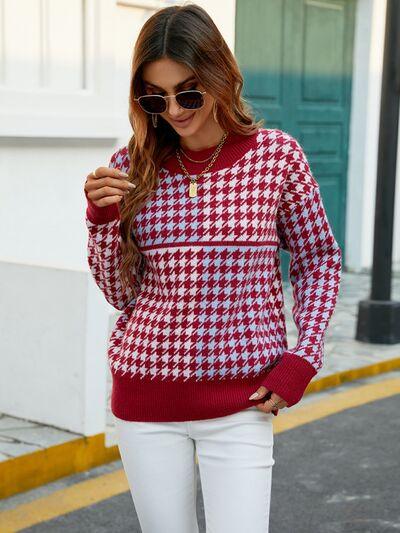 Houndstooth Dropped Shoulder Sweater in Wine - Olive Ave