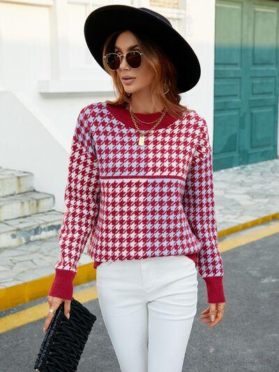 Houndstooth Dropped Shoulder Sweater in Wine - Olive Ave