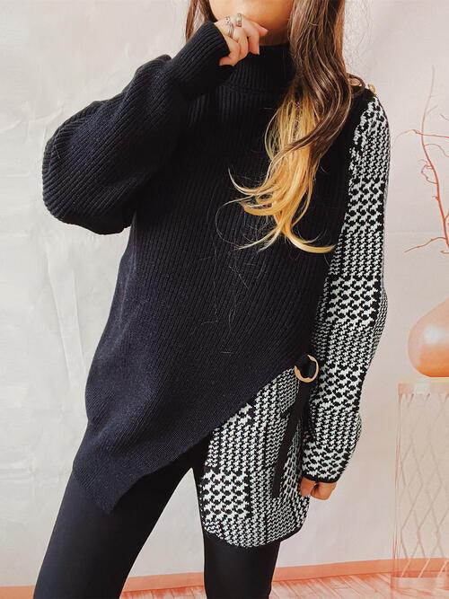 Houndstooth Turtleneck Slit Sweater - Olive Ave