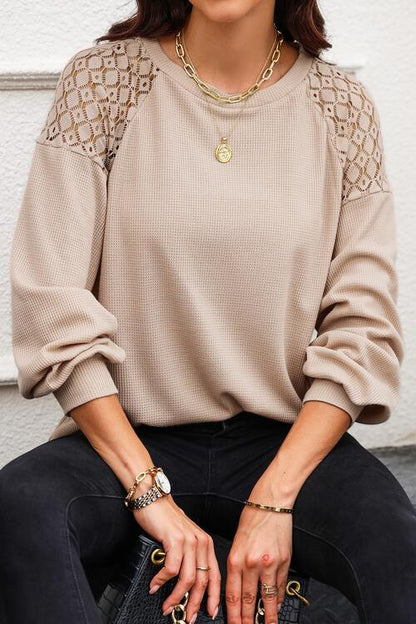 Lace Cutout Lantern Sleeve Top - Olive Ave