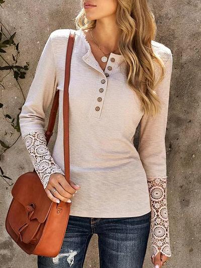 Lace Detail Half Button Long Sleve Knit Top - Olive Ave