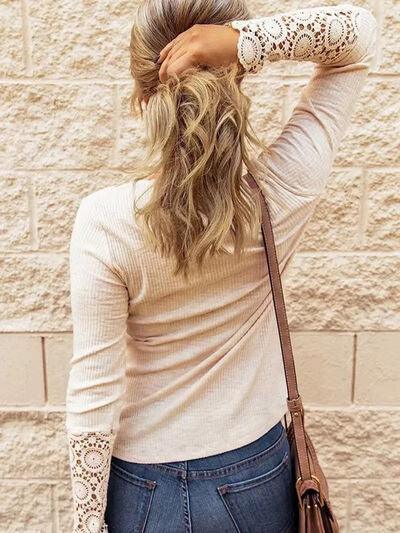 Lace Detail Half Button Long Sleve Knit Top - Olive Ave
