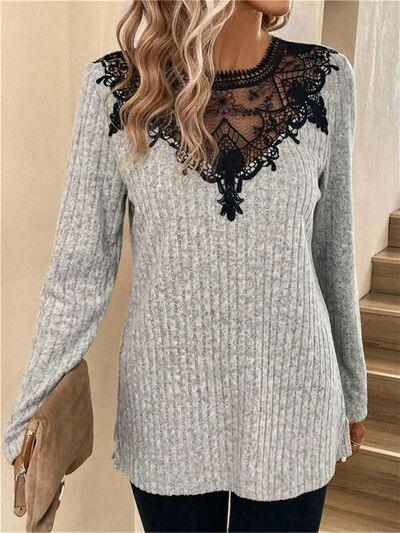 Lace Ribbed Long Sleeve Top - Olive Ave