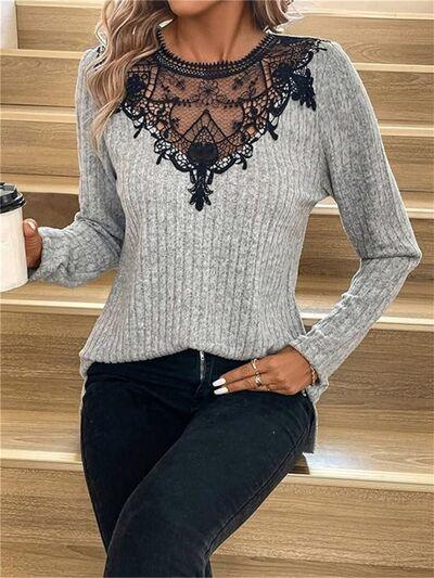 Lace Ribbed Long Sleeve Top - Olive Ave
