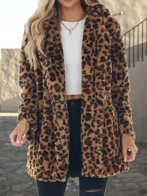 Leopard Collared Coat with Pockets - Olive Ave