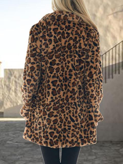 Leopard Collared Coat with Pockets - Olive Ave