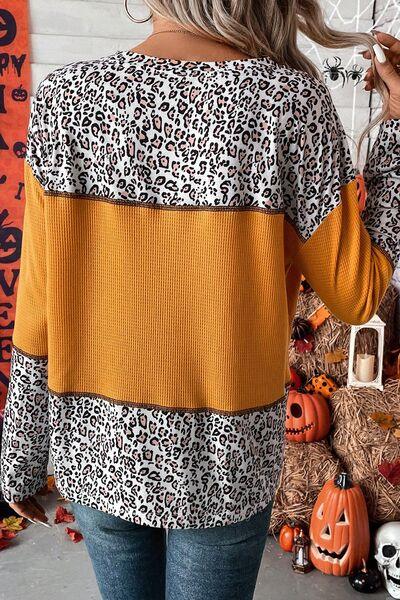 Leopard Waffle-knit Long Sleeve Top - Olive Ave