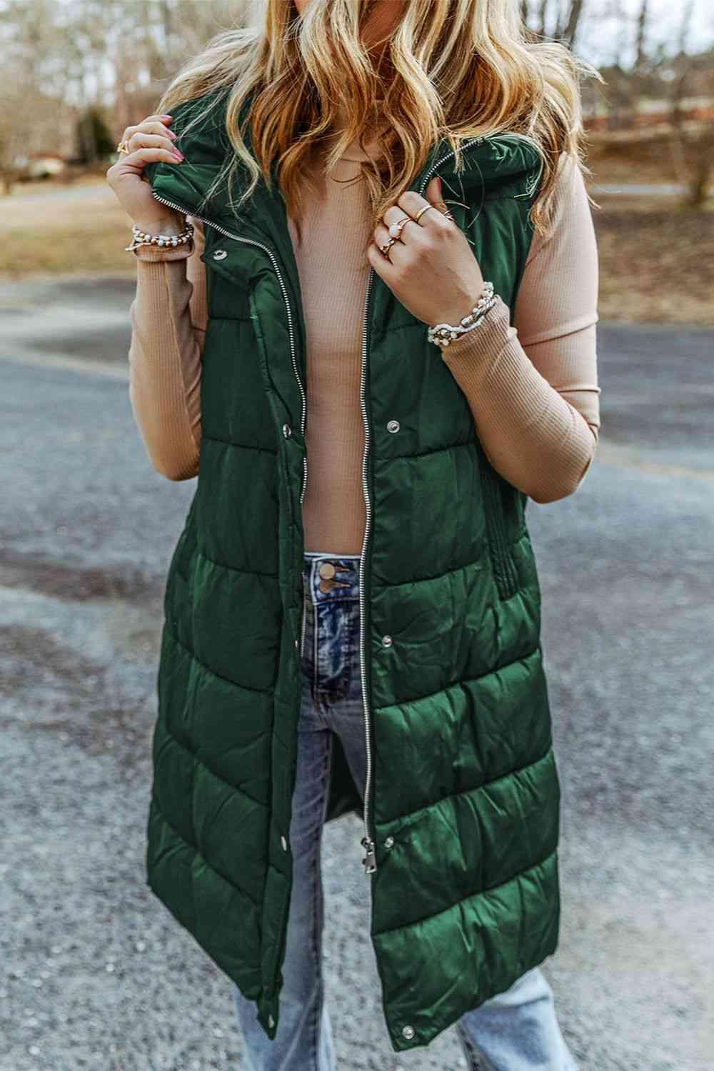 Longline Hooded Sleeveless Puffer Vest - Olive Ave