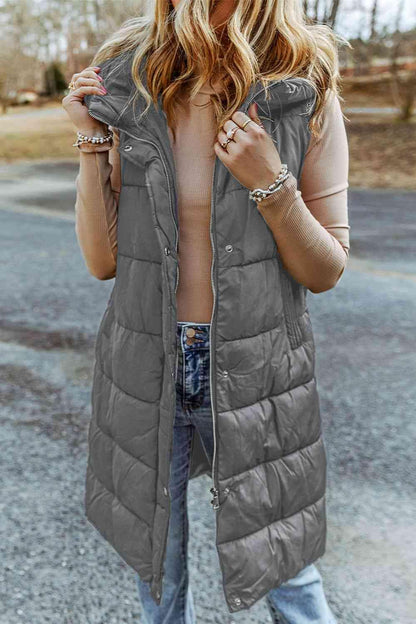 Longline Hooded Sleeveless Puffer Vest - Olive Ave