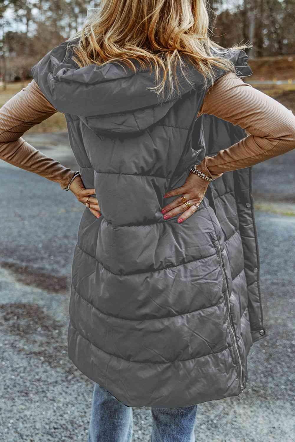 Longline Hooded Sleeveless Puffer Vest - Olive Ave