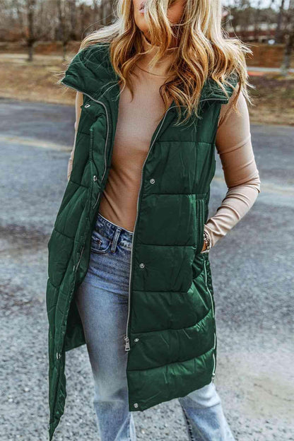 Longline Hooded Sleeveless Puffer Vest - Olive Ave