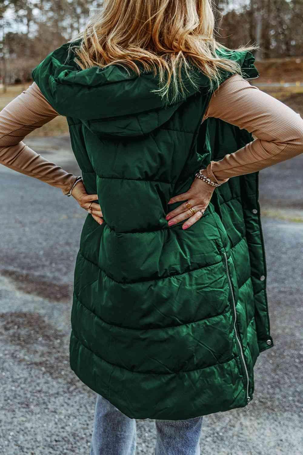 Longline Hooded Sleeveless Puffer Vest - Olive Ave