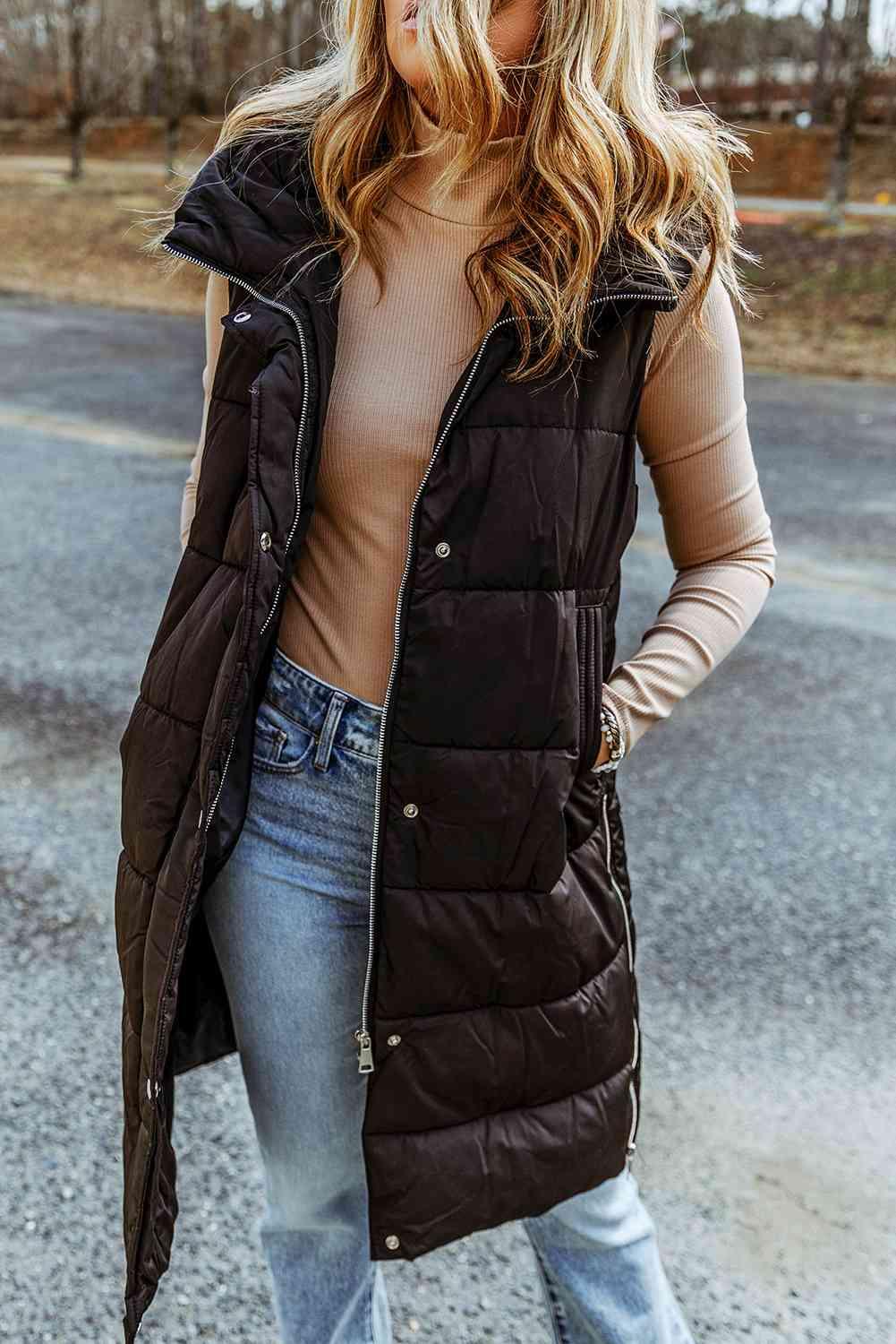 Longline Hooded Sleeveless Puffer Vest - Olive Ave