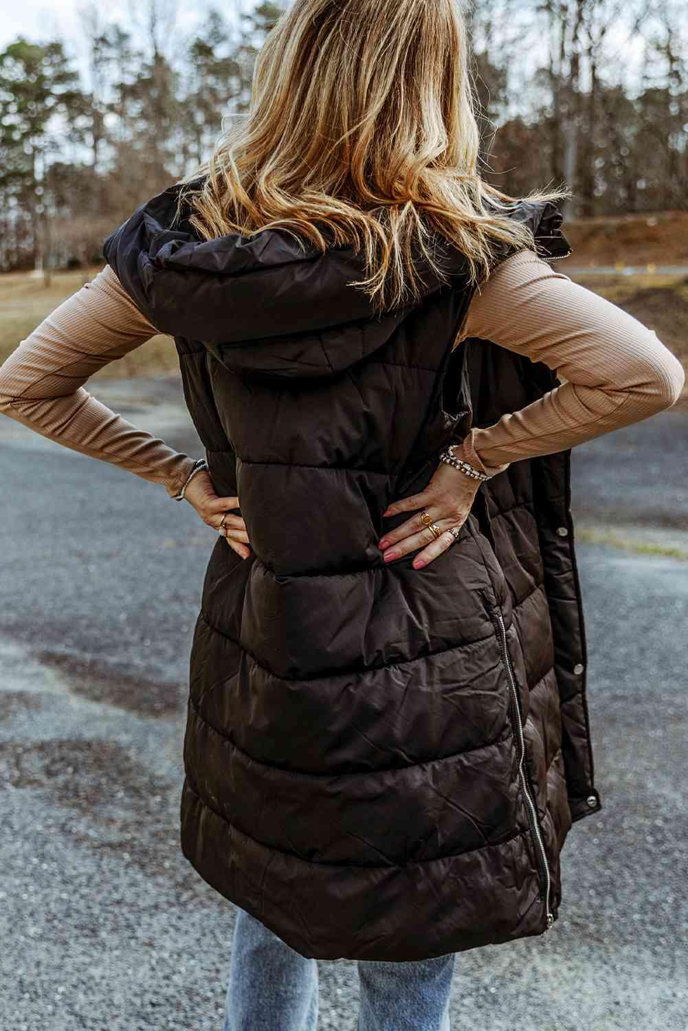 Longline Hooded Sleeveless Puffer Vest - Olive Ave