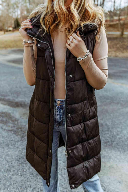 Longline Hooded Sleeveless Puffer Vest - Olive Ave