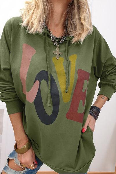 LOVE Drawstring Dropped Shoulder Hoodie - Olive Ave