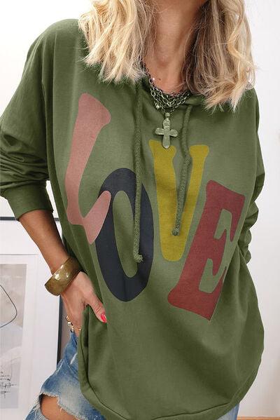 LOVE Drawstring Dropped Shoulder Hoodie - Olive Ave