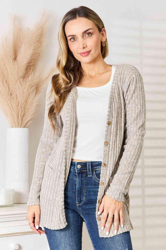 McKenzie Ribbed Button-Up Cardigan with Pockets - Olive Ave