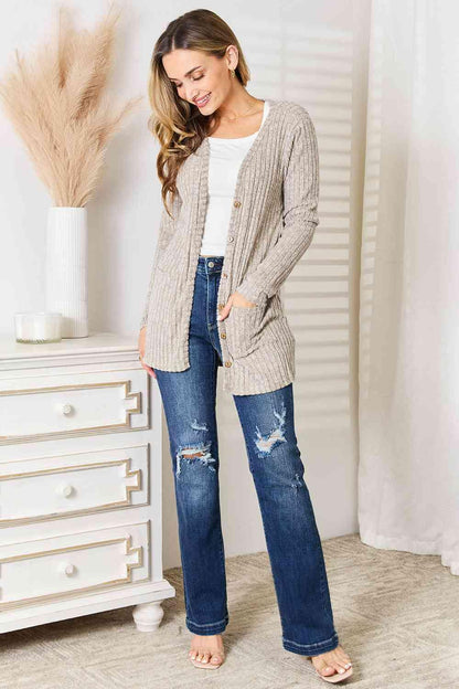 McKenzie Ribbed Button-Up Cardigan with Pockets - Olive Ave