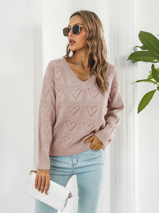 Openwork Heart V-Neck Sweater - Olive Ave