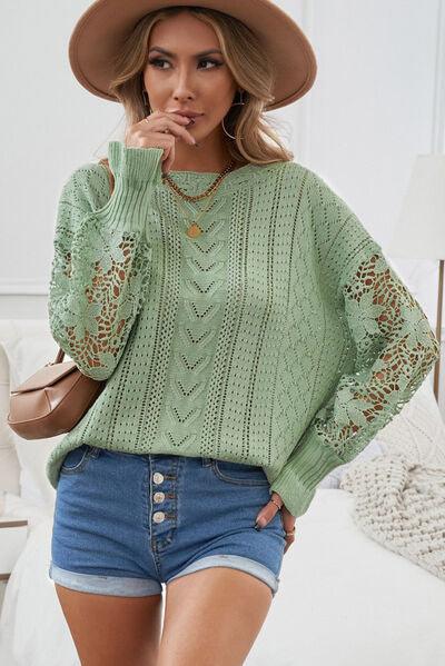 Openwork Lantern Sleeve Sweater in 12 Colors - Olive Ave