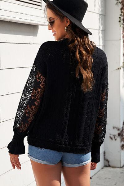 Openwork Lantern Sleeve Sweater in 12 Colors - Olive Ave